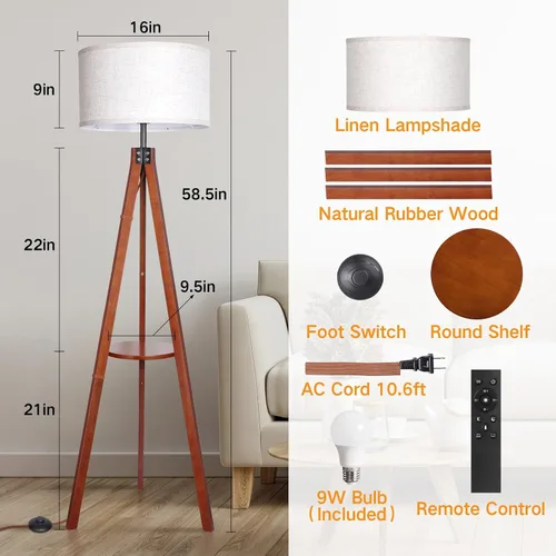Vista 6 de OUTON Lámpara de pie con trípode de madera regulable con estantes, control remoto, lámpara de pie moderna de mediados de siglo de 58.5 pulgadas