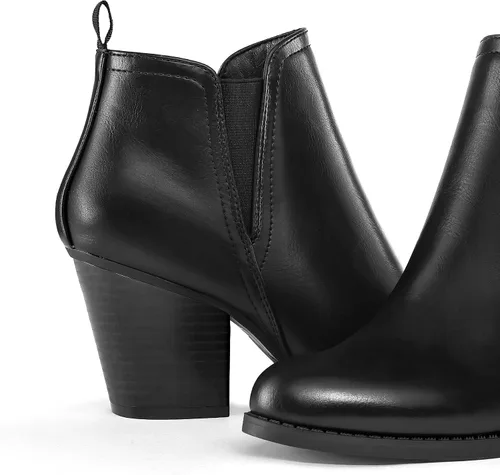 Vista 6 de mysoft Botines de tobillo para mujer con corte en V, panel elástico lateral, tacón grueso apilado con cremallera lateral V Cut Side Elastic Panel