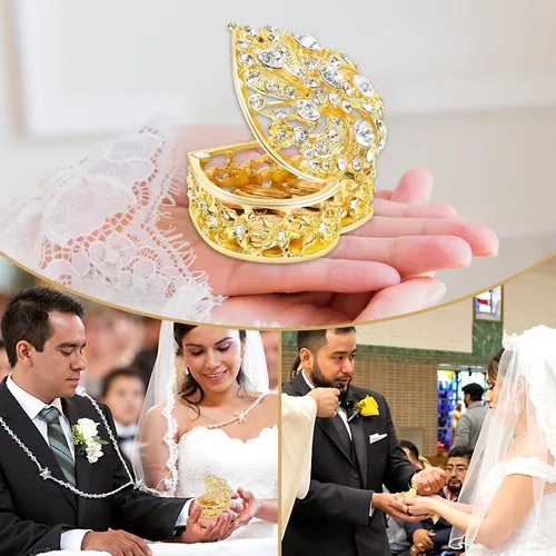 Vista 6 de Juego de monedas Arras de boda – Caja dorada en forma de corazón con 13 monedas de Virgen de Guadalupe, Arras de Boda Cristiana, accesorios de boda