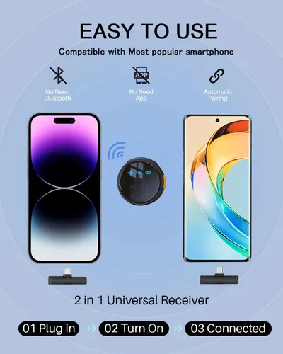 Vista 3 de Caiord Paquete de 2 micrófonos inalámbricos Lavalier para iPhone iPad Android con funda de carga, mini clip/micrófonos magnéticos para grabación