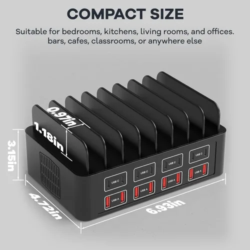 Vista 8 de Estación de carga de 150W/35A para múltiples dispositivos, RUANSZZ Estación de carga rápida de 16 puertos USB-C, Organizador de carga múltiple