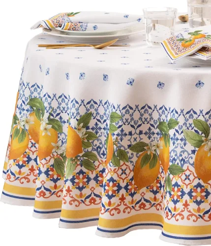 Vista 2 de Elrene Home Fashions Capri Limón Mantel de Tela Mediterráneo con Doble Borde Primavera/Verano, Redondo, 70 pulgadas X 70 pulgadas