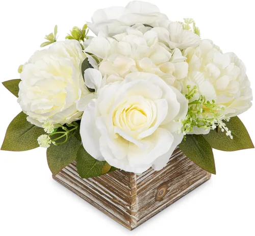 Vista 22 de DILATATA Arreglo floral con jarrón de madera, flores artificiales de 10 pulgadas en maceta, flores falsas en jarrón rectangular de madera blanco