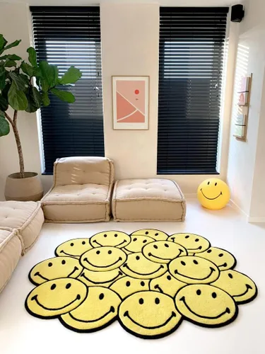 Vista 7 de Alfombra con diseño de sonriente de forma irregular hecha a mano 100% lana hecha a mano (color negro, 4 x 4 pies)