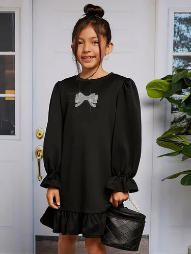Vista 3 de WDIRARA Vestido de manga con volantes y cuello redondo y estampado de lazo para niña