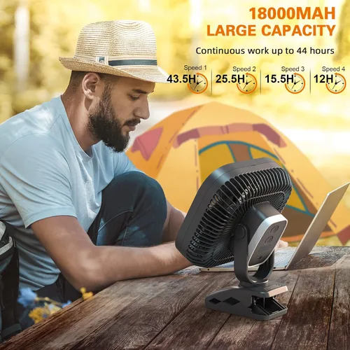 Vista 3 de Ventilador portátil recargable con luz, 8 pulgadas, funciona con pilas, 20000 mAh, 78 horas de tiempo de trabajo, silencioso, fuerte flujo de aire