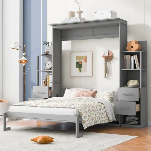 Vista 30 de Baúl móvil Murphy de tamaño Queen con módulo USB integrado de doble alimentación/USB, armario moderno y tradicional de madera maciza con cajón Gris-A