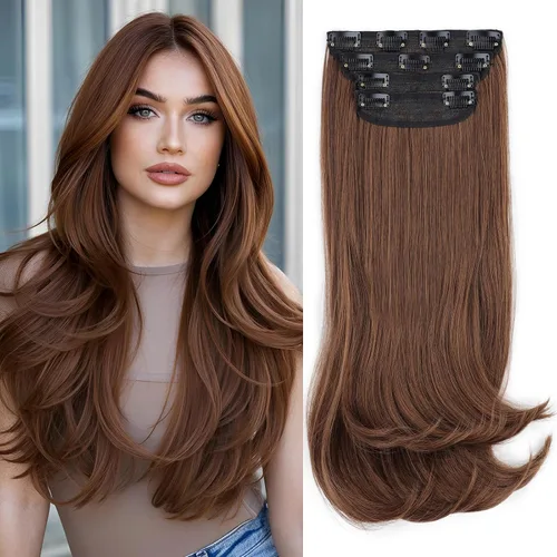 Vista 22 de FREEMEIGE 4 piezas de extensiones de cabello con clip, extensiones de cabello largas y gruesas con capas rectas de 20 pulgadas, extensiones