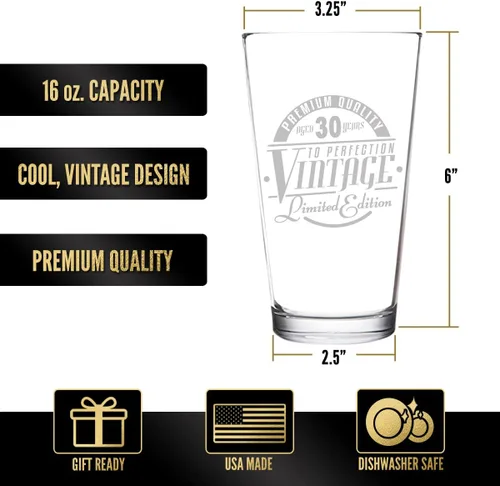 Vista 3 de Vaso de cerveza de 30 años de edición vintage para hombres y mujeres (30 aniversario) de 16 onzas, vasos de cerveza de pinta de feliz cumpleaños