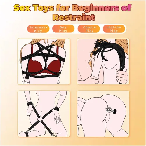 Vista 2 de Kits de Restricciones de Bondage Sexual Juguetes BDSM 12 Piezas Esposas Grilletes de Tobillo Tapón Anal Pinzas para Pezones Mordaza de Bola Venda