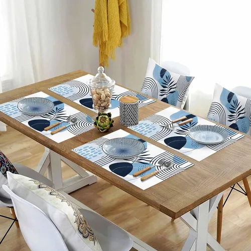 Vista 4 de Juego de 4 manteles individuales bohemios con hojas tropicales, de cloruro de polivinilo lavable, color azul, arte abstracto de siglo medio, plantas