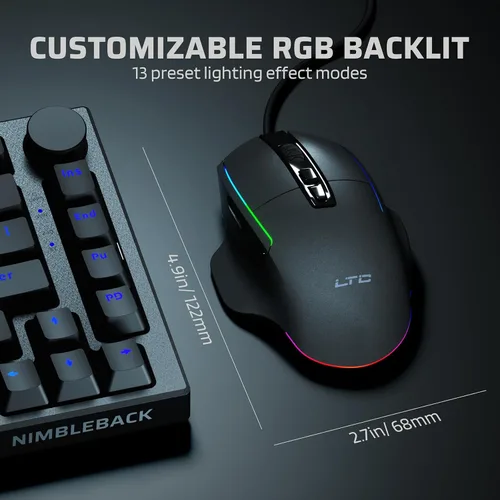 Vista 6 de LTC GM-021 Ratón para juegos con cable, sensor óptico de alta precisión de 12800 DPI, 7 botones programables, RGB personalizable, forma ergonómica