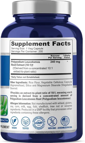 Vista 3 de NusaPure Extracto de Polypodium Leucotomos 2400mg 200 cápsulas vegetales (vegetariano, sin OMG, sin gluten)