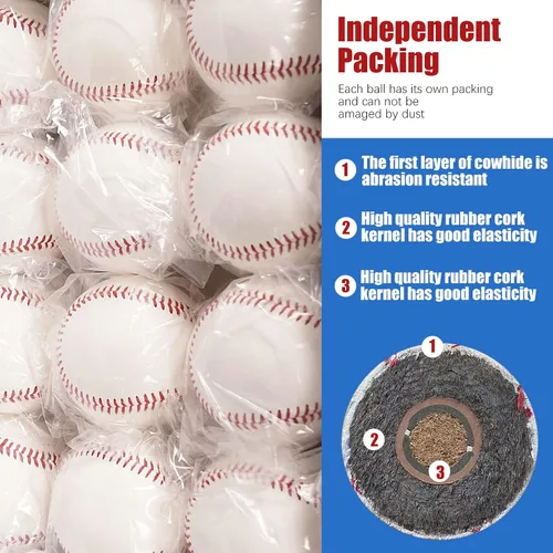 Vista 3 de Paquete de 6/12 pelotas de béisbol de tamaño estándar para adultos, sin marcar y cubierta de cuero, pelota de entrenamiento de práctica de béisbol