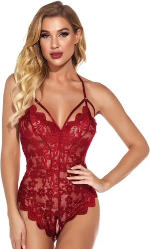 Vista 3 de Lencería sexy sin espalda para mujer, cuello en V profundo, body de encaje babydoll ropa interior ropa de noche