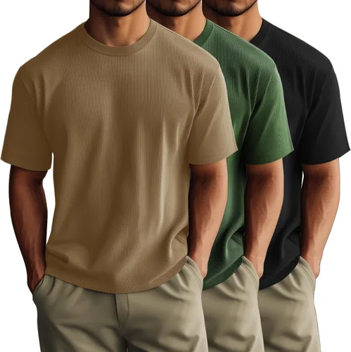Vista 11 de Huukeay Paquete de 3 camisetas para hombre, cuello redondo, manga corta, de punto acanalado, camisetas casuales elegantes