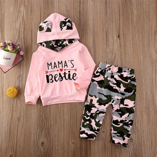 Vista 2 de FYBITBO 2 piezas de ropa de otoño e invierno para bebé niña, sudadera con capucha y pantalones de camuflaje, conjuntos de ropa