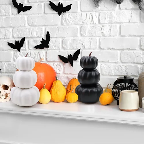 Vista 5 de Gresorth Juego de 2 calabazas artificiales apiladas blancas y negras para pintar, decoración artificial de Halloween, otoño, para el hogar, fiesta