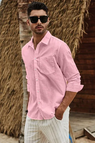 Vista 5 de JMIERR Camisa de vestir de manga larga con botones y lino de algodón para hombre