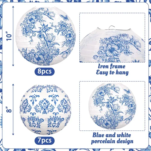 Vista 3 de 15 linternas de papel chinas, decoración de chinoiserie, farol de porcelana azul y blanco para colgar para mediados de otoño, festival, fiesta