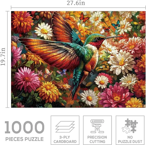 Vista 3 de Rompecabezas de flores coloridas de colibrí, 1000 piezas para adultos, pájaro, girasol, mariposa, naturaleza, rompecabezas de plantas, primavera