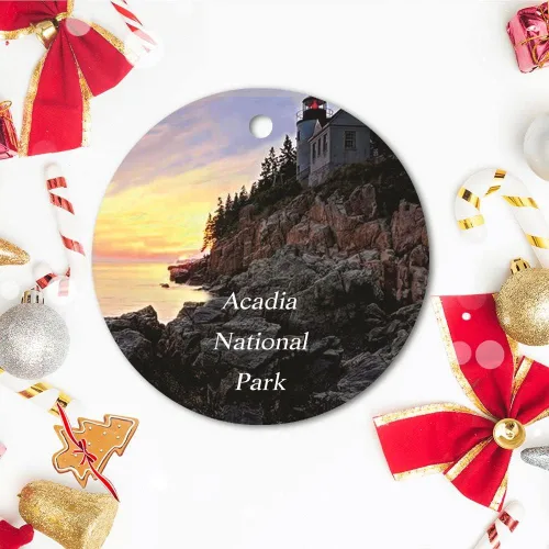 Vista 4 de Adornos de bolas de Navidad, faro de puerto bajo, Parque Nacional Acadia, Maine, adornos de cerámica de paisaje de EE. UU., adorno de árbol