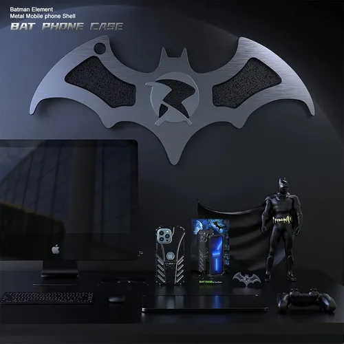 Vista 2 de Batman Design - Funda de metal para iPhone 14 Pro, protección resistente, soporte de murciélago, disipación de calor, 6.06 pulgadas, color negro