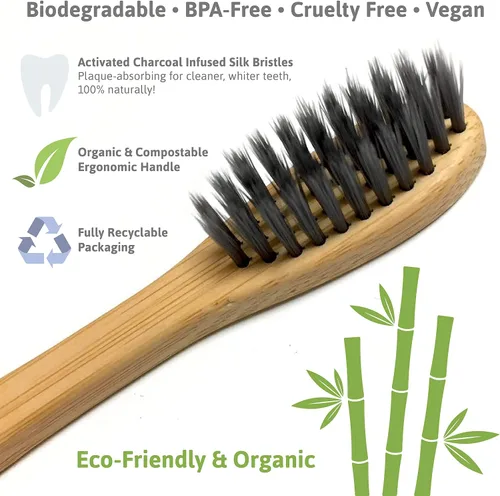 Vista 3 de Cepillo de dientes de bambú orgánico sin BPA con cerdas sin pegamento, compostable, biodegradable, vegano (paquete de 32), talla única Se ajusta a