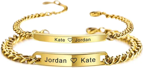 Vista 10 de MeMeDIY Juego de pulseras personalizadas para parejas, grabado personalizado con nombre/fecha para hombres, mujeres, novio, novia, acero inoxidable