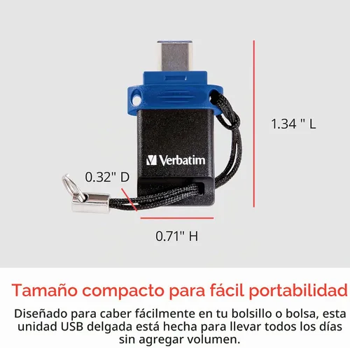 Vista 5 de Verbatim Unidad flash USB 3.2 Gen 1 Dual OTG Store 'n' Go de 32 GB para dispositivos USB-C, unidad de pulgar tipo C 2 en 1 2-in-1 OTG Type-C Thumb