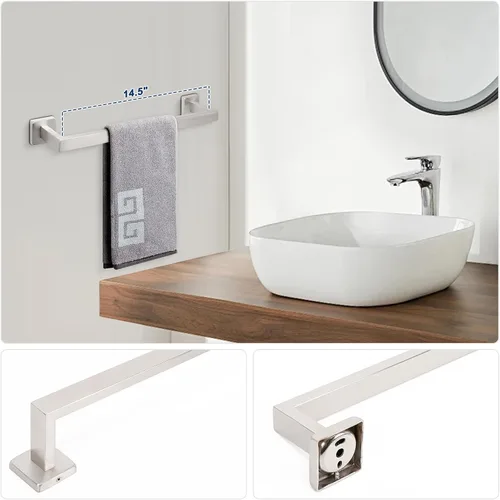 Vista 4 de NearMoon Juego de 5 piezas de accesorios de baño de acero inoxidable 304, juego de toallero cuadrado que incluye toallero de 16 pulgadas + anillo