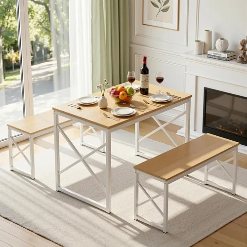 Vista 8 de VECELO Juego de Mesa de Comedor de Cocina con Bancos para 4, Mesa de Comedor de Madera de 43.3" con 2 Bancos, Mesa de Comedor de Alta Resistencia