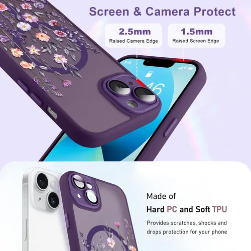 Vista 5 de Magnético para iPhone 13 con protector de pantalla [Compatible con MagSafe] Diseño de patrón floral de flores bonitas, funda delgada a prueba