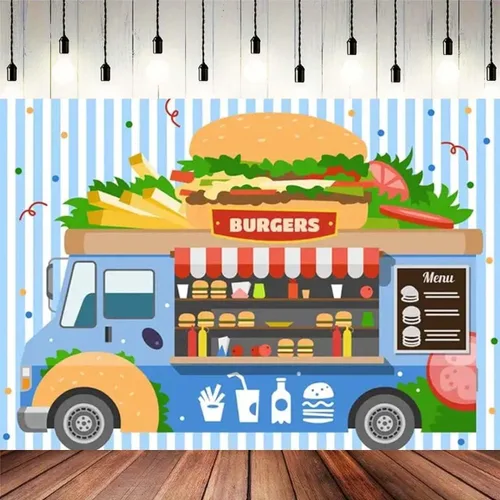 Vista 2 de Fondo de hamburguesa para camión de comida rápida, postre de tienda, hamburguesas, papas fritas, bebidas, fotografía, telón de fondo para niños
