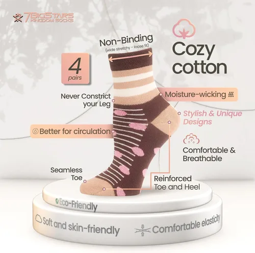 Vista 10 de 7BIGSTARS KINGDOM Women's Cotton Quarter Non-Binding Diabetic Fashion Socks-L-M-4 Pack-Multicolor