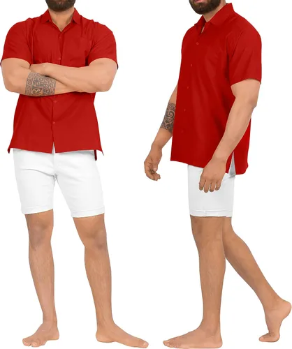 Vista 4 de LA LEELA Camisas casuales de manga corta con botones para hombre, para playa, verano, color liso, para trabajo, vacaciones, campamento, camisas