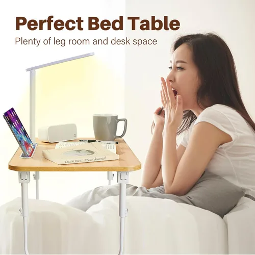 Vista 8 de Escritorio para computadora portátil para cama con luz de escritorio LED, mesa ajustable para tableta con patas plegables, cajón de almacenamiento