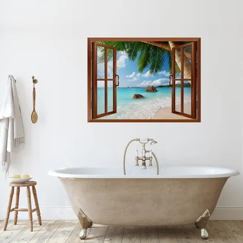Vista 23 de wall26 Adhesivo decorativo para pared, loros verdes sentados en la rama afuera, ventana abierta, no se pega ni se pega, papel tapiz no tejido