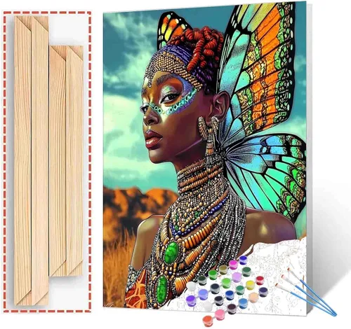 Vista 40 de Pintura de niña afro a la moda, kits de pintura por números, 16 x 20 pulgadas, lienzo de hojas tropicales, pintura al óleo para niños y adultos