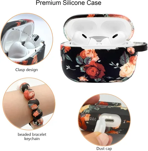Vista 4 de Funda compatible con Airpods Pro de 2ª generación, funda protectora completa de silicona suave con llavero de pulsera, rosa vintage