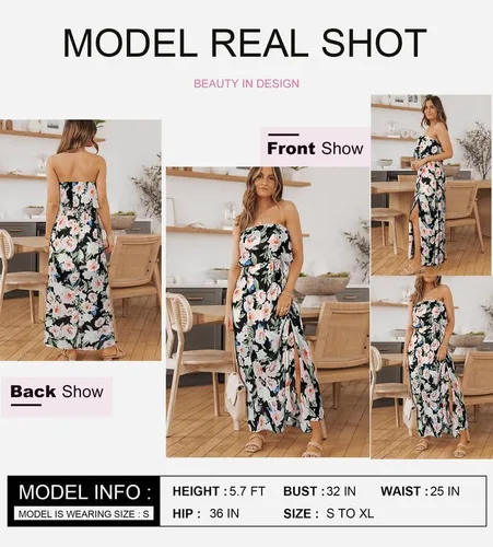 Vista 2 de Dokotoo Vestidos sin tirantes para mujer, casual, de verano, cintura alta, con abertura lateral, estilo bohemio, maxi vestido