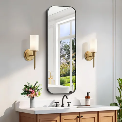 Vista 11 de FORBATH - Espejo de baño negro para sobre lavabo, espejo de pared de 16x24 pulgadas con marco de metal, esquinas redondeadas para baño, dormitorio