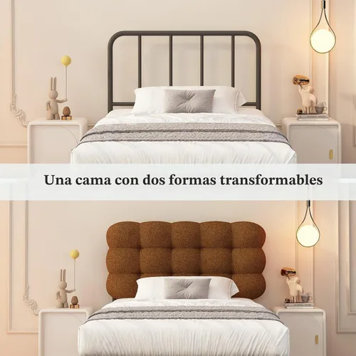 Vista 5 de Base de cama individual BarnFurin con cabecera tapizada, tela suave tipo bouclé, cama plataforma con fuerte soporte de listones de madera, diseño
