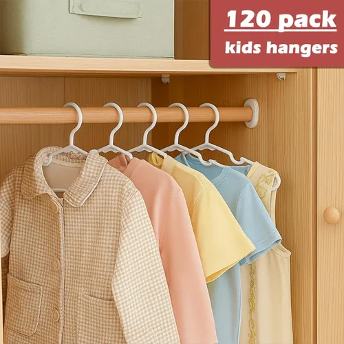 Vista 3 de Perchas para ropa de bebé, paquete de 120 perchas de plástico blanco para niños, 11.5 pulgadas, ahorro de espacio, antideslizantes, para bebés