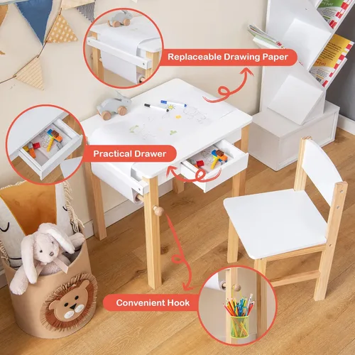Vista 2 de Costzon Juego de mesa y silla para niños, mesa de arte con rollo de papel, cajón, 2 rotuladores, mesa de actividades de madera, adecuada para sala