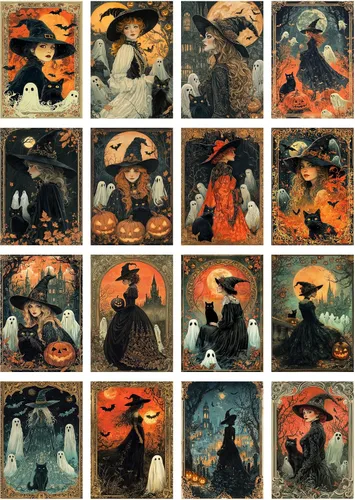 Vista 2 de Decoupage - Paquete de papel (35 hojas de 6 x 8 pulgadas), elegante hechicería de Halloween, brujas elegantes, gatos negros y fantasmas juguetones