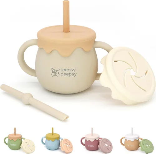 Vista 8 de Tarro de Miel Recipiente 3 en 1 Taza de Entrenamiento de Silicona de 8.5 onzas, Vaso Entrenador para Bebé con Popote y Taza de Snacks para 6 meses+