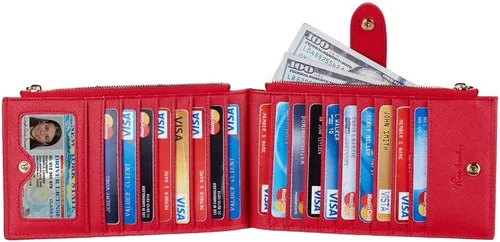 Vista 3 de Travelambo Billetera para mujer con bloqueo RFID plegable para múltiples tarjetas con bolsillo con cremallera, Rojo -, Minimalista