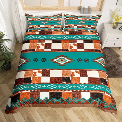 Vista 13 de Erosebridal Funda de edredón de piel de vaca marrón con estampado de vaca de las tierras altas, juego de ropa de cama occidental exótico azteca