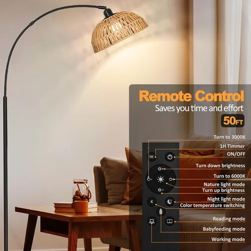Vista 3 de Brilvibera - Lámparas de pie modernas negras con control remoto Stepless Dimmable Bulb, Hand-Worked Adjustable Rattan Lamp Shades Bohemian Floor